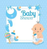 tarjeta de baby shower con niño y decoración. vector