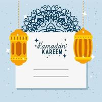 ramadan kareem card with lanterns hanging vector