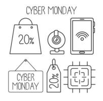 Cyber Monday establece iconos de estilo de línea en fondo blanco vector