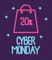 cyber monday neon lettering with shopping bag and percent discount vector