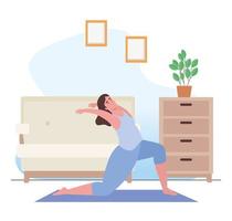 Mujer haciendo yoga en la estera en casa diseño vectorial vector