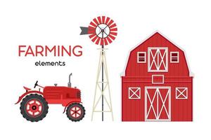 Farming elements. Red barn, tractor, windmill. vector