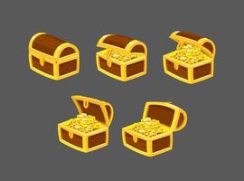 Wooden chest with gold coins with an opening lid. 5 frames vector