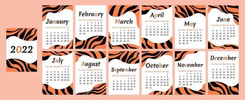 Calendar 2022. Tiger abstract design. Week starts on Sunday vector