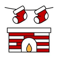 Chimenea de ladrillo ardiente con calcetines rojos para regalos de santa claus. vector
