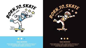 astronauta jugando patineta en estilo exagerado. ilustración para camiseta vector