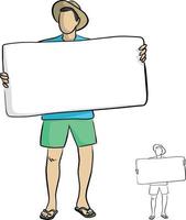 man with relaxing beach cloth holding big blank sign vector