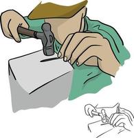 close-up man using a hammer to make the nail straight vector