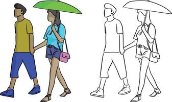 man walking with his lover with a green umbrella vector