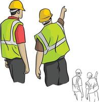 back view of male industrial engineers pointing vector