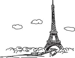 Torre Eiffel con paisaje urbano y nubes - ilustración vectorial vector