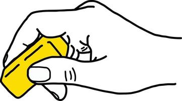 Cerrar la mano con goma de borrar amarilla - vector