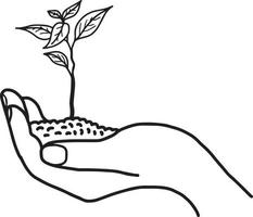 Growing plant or sprout with soil in left hand - vector