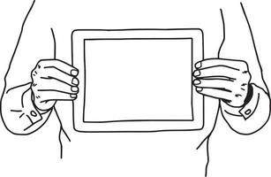 two hands holding tablet on his chest - vector