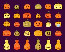 conjunto de diferentes expresiones de caras de jack-o-lantern. calabaza de halloween vector