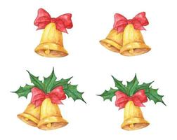 Set of Christmas bells with bows and holly. Watercolor illustration. vector