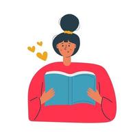 linda mujer sonríe y sostiene un libro grande. amor concepto de lectura. vector