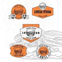 conjunto de logotipo de barbacoa aspecto vintage con textura de madera de insignia vector