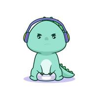 Cute kawaii dinosaur playing game with serious face vector