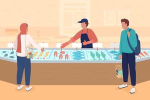 Seafood market flat color vector illustration