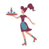 Retro style roller waitress serving flat vector faceless character