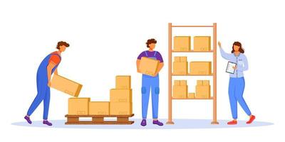 Post office male workers and loaders flat color vector illustration