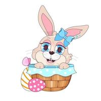 Lindo conejo de pascua en canasta con huevos kawaii personaje de vector de dibujos animados