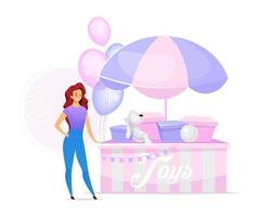 Woman selling toys flat color vector illustration