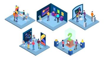 Exhibitions isometric vector illustrations set