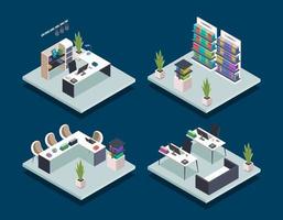 Modern book library isometric color vector illustrations set