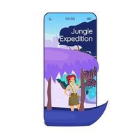 pantalla de aplicación de vector de teléfono inteligente de dibujos animados de expedición a la jungla