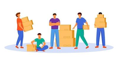 Post office male workers and loaders flat color vector illustration