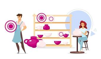 Man and woman in pottery studio flat color vector illustration