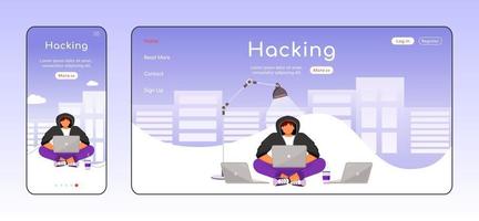 Hacking adaptive landing page flat color vector template