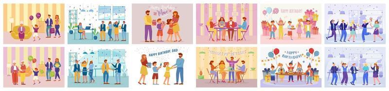 Birthday party flat vector illustrations set