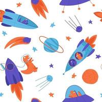 Seamless pattern of bright dinosaurs traveling into space on a rocket vector