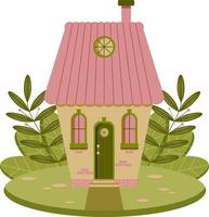 Fairytale house surrounded by grass. Vector flat illustration.