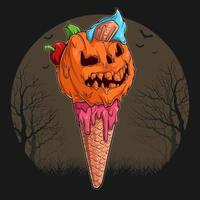 cono de helado rosa de halloween con cabeza de calabaza y cereza vector