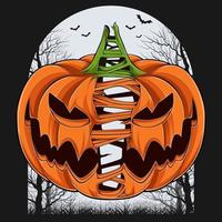 Calabaza de Halloween dividida aterradora con árboles y murciélagos en el fondo vector