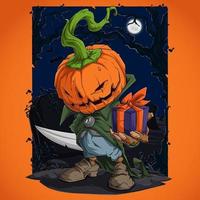 Scary halloween pumpkin character holding gift and hiding his knife vector