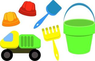 Children's bucket, shovel and rake, sand moulds isolated vector