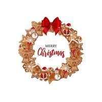 Christmas wreath with gingerbreads and red bow vector