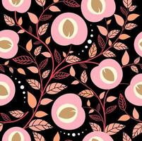 Seamless pattern peach fruits and leaf on black background vector