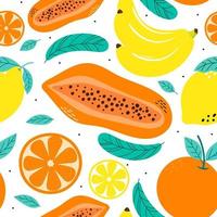 frutas de patrones sin fisuras, naranja, plátano, papaya, limón y hojas vector