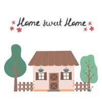 Sweet home lettering with cute house Hand drawn trendy illustration vector