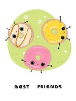 Cute glazed donuts best friends on a summer walk text Postcard poster vector