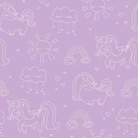 Little cute unicorn with heart rainbow cloud sun Purple pattern doodle vector