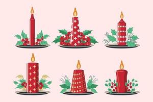 Conjunto de velas de navidad con rama de fondo de flores de navidad vector