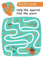 Help the squirrel find the acorn. Maze game for kids. Vector