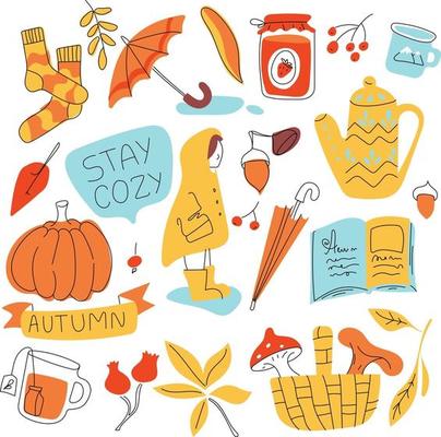 Autumn elements doodle Set icons Fall season Oktober simple.
